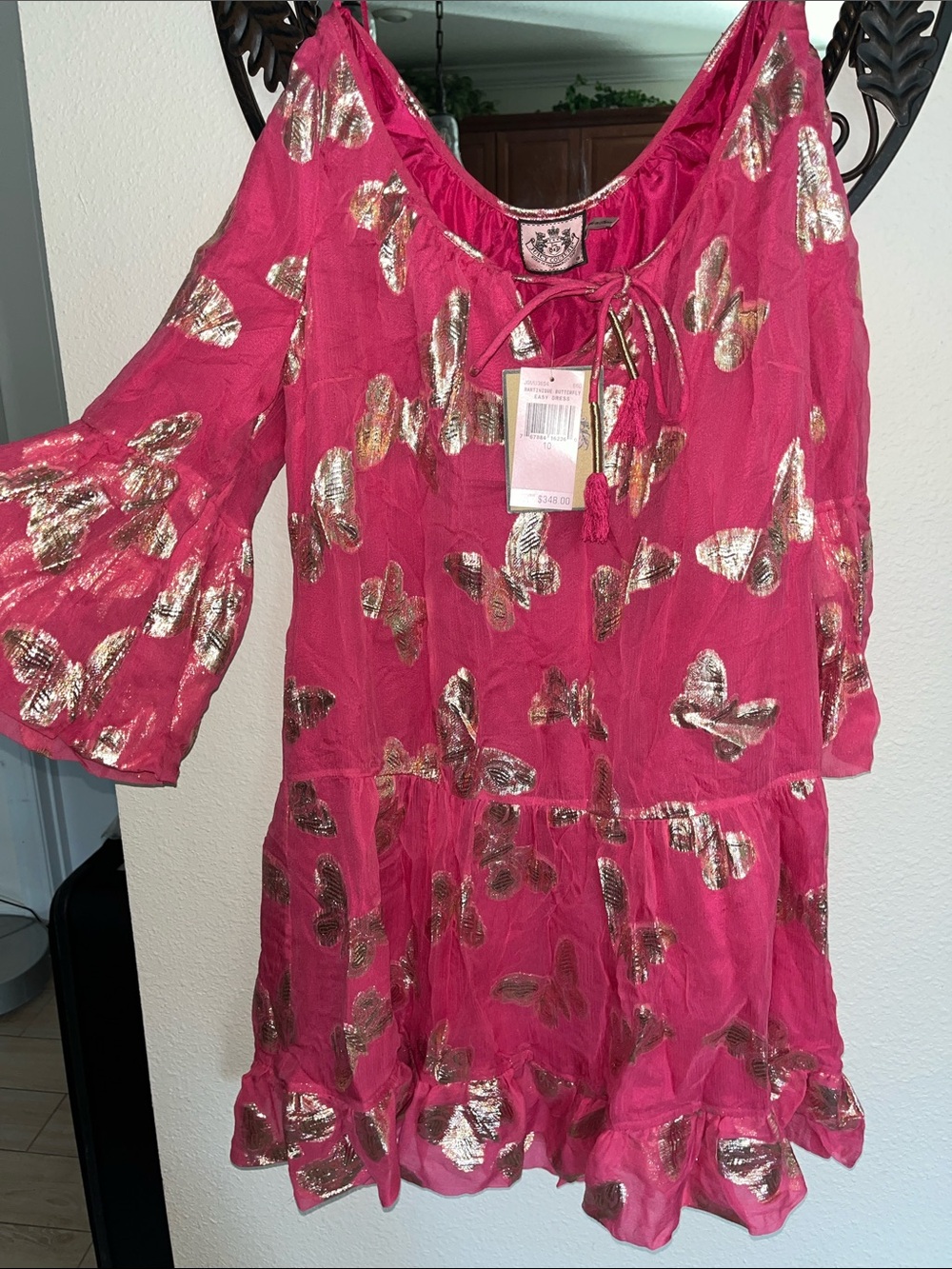 Juicy Couture Hot Pink Dress with Metallic Gold Butterfly Print